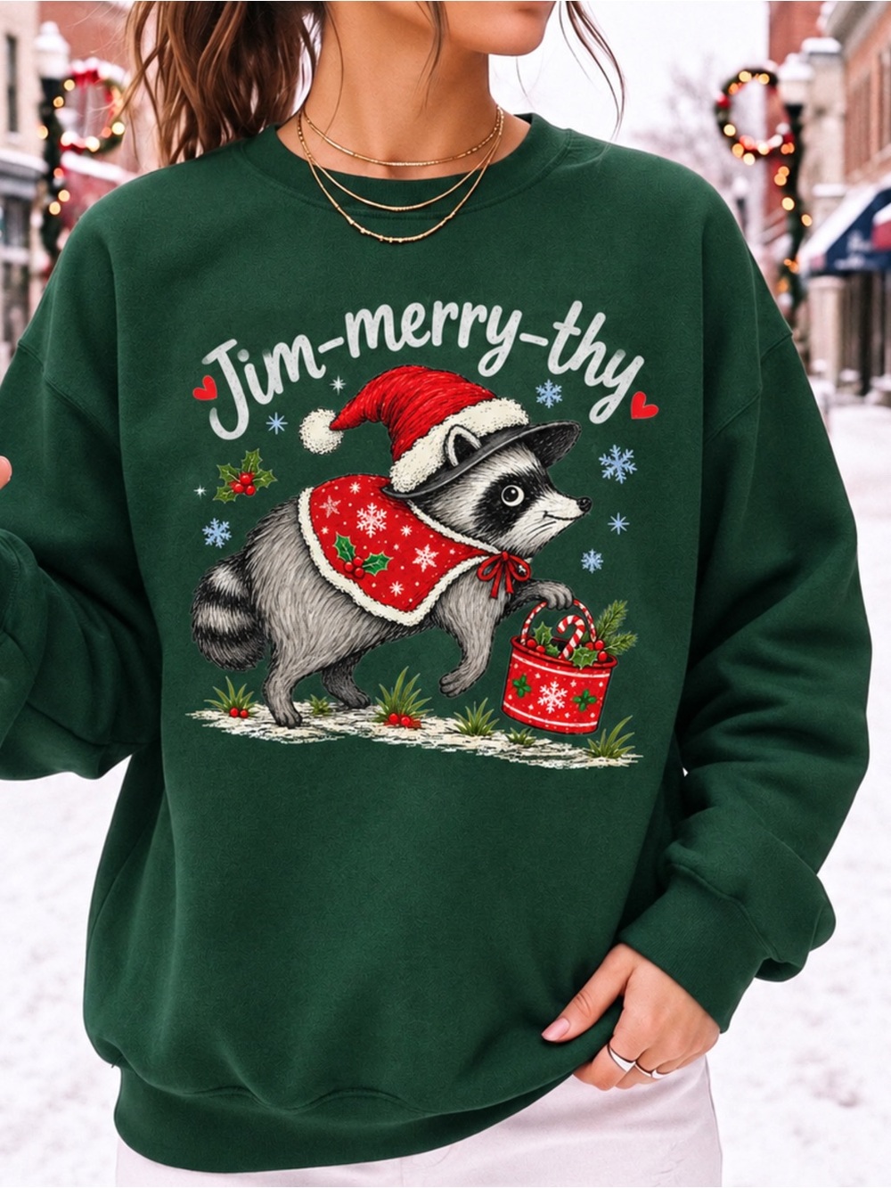Jimothy Jim-merry-thy Christmas Raccoon Sweatshirt Gildan Green NWT